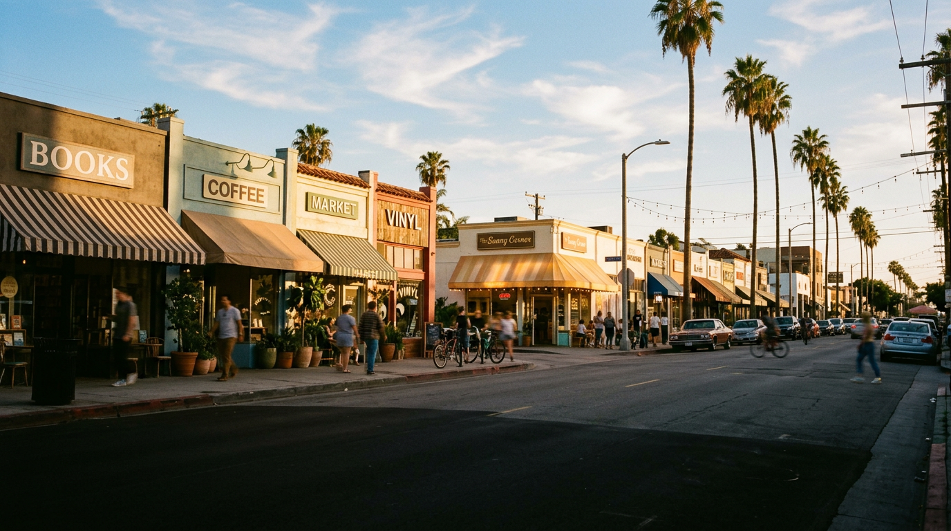 A sunny small-business street in Los Angeles at golden hour
